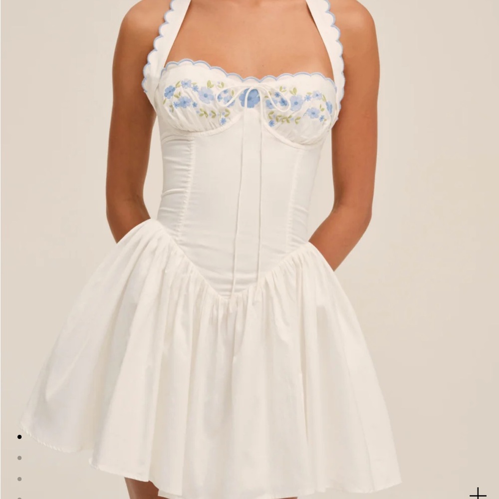 For Love And Lemons White and Blue Embroidered Mini Dress